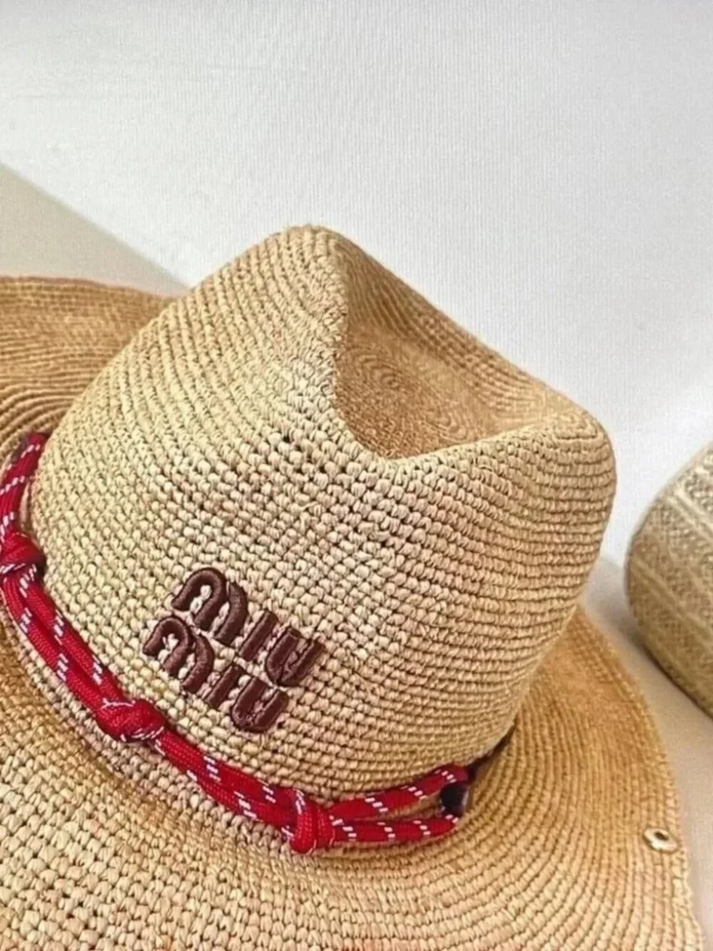 Miu Miu Natural Straw Hat with Red Braided Trim - Picture 5 of 5